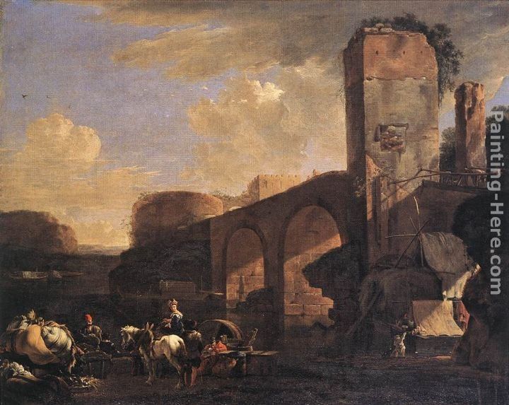Jan Asselyn Italianate Landscape with a River and an Arched Bridge